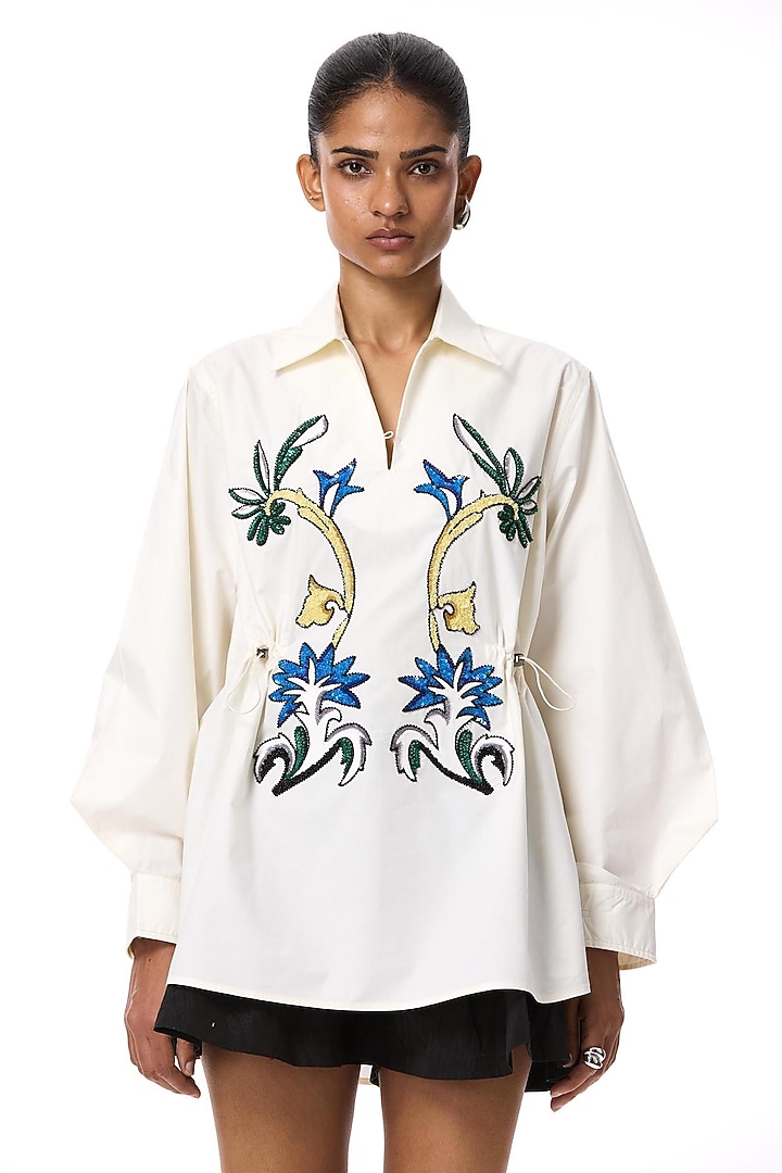Off-White Cotton Hand Embellished Shirt by Kanika Goyal at Pernia's Pop Up Shop