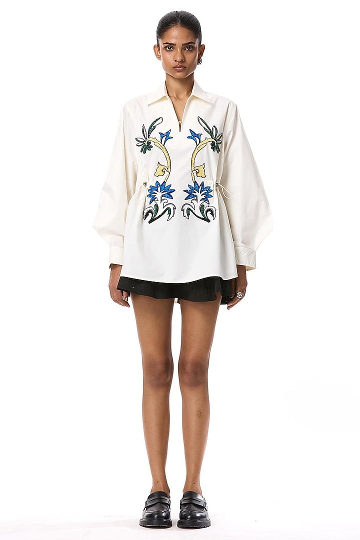 Off-White Cotton Hand Embellished Shirt by Kanika Goyal at Pernia's Pop Up Shop