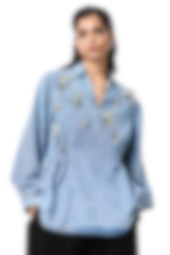 Denim Blue Cotton Embellished Shirt by Kanika Goyal at Pernia's Pop Up Shop