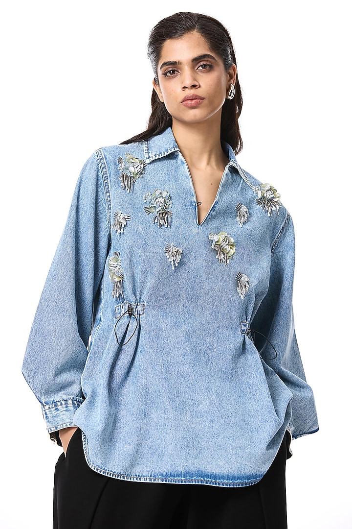 Denim Blue Cotton Embellished Shirt by Kanika Goyal at Pernia's Pop Up Shop