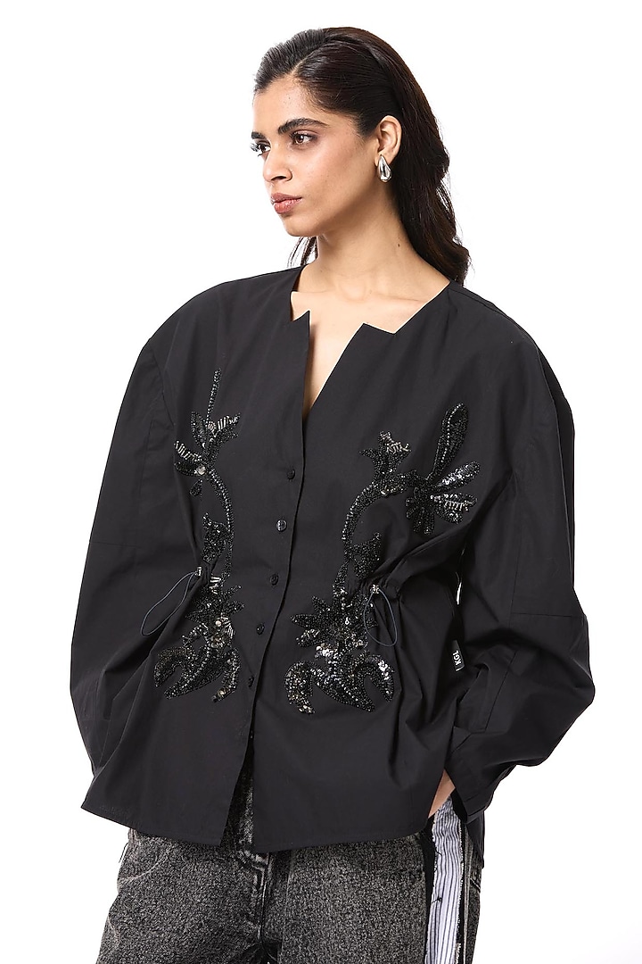 Black Cotton Embellished Shirt by Kanika Goyal at Pernia's Pop Up Shop