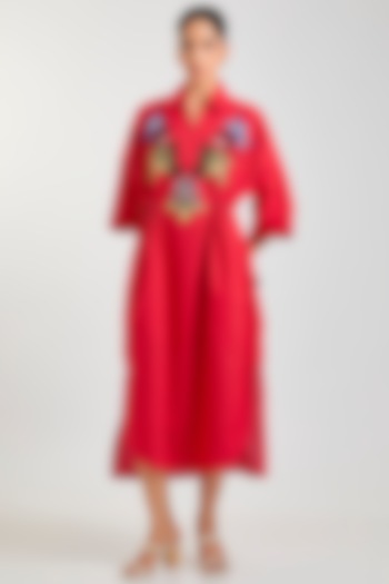 Red Linen Blend Cocktail Dress by Kanika Goyal at Pernia's Pop Up Shop