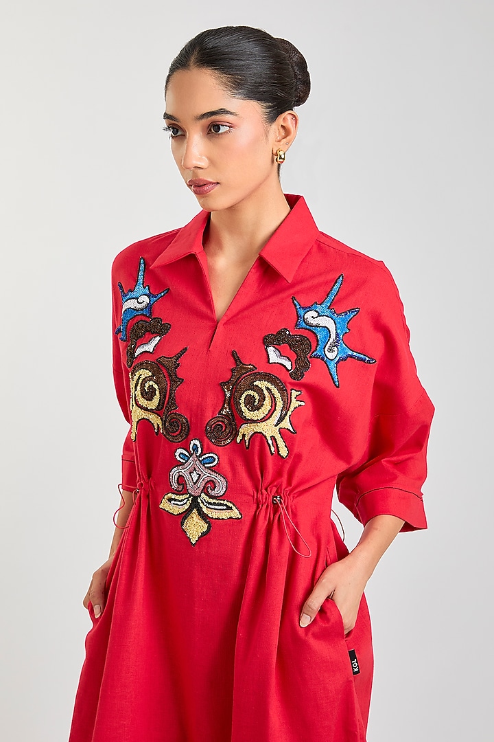 Red Linen Blend Cocktail Dress by Kanika Goyal at Pernia's Pop Up Shop