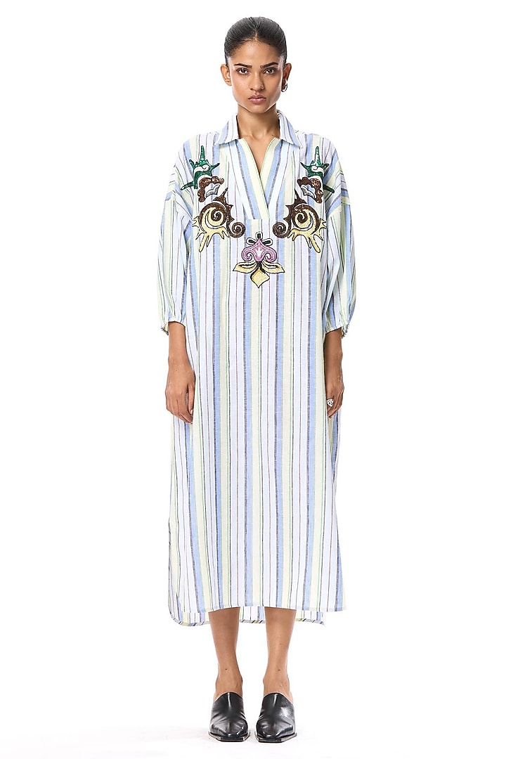 Multi-Colored Linen Blend Hand Embellished Striped Cocktail Dress by Kanika Goyal at Pernia's Pop Up Shop