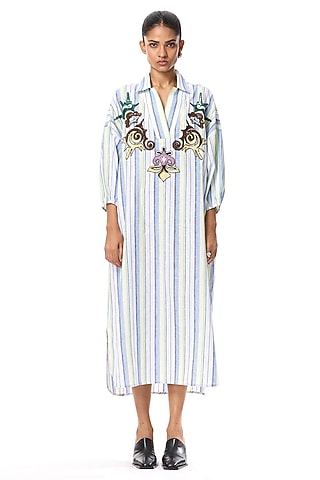 Multi-Colored Linen Blend Hand Embellished Striped Dress by Kanika Goyal