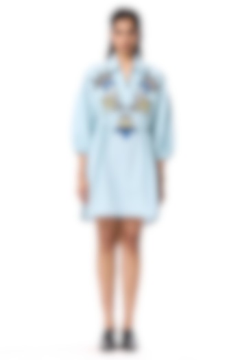 Powder Blue Linen Blend Hand Embellished Vacation Dress by Kanika Goyal at Pernia's Pop Up Shop