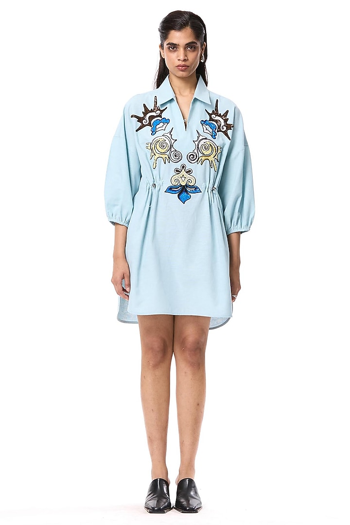 Powder Blue Linen Blend Hand Embellished Vacation Dress by Kanika Goyal at Pernia's Pop Up Shop
