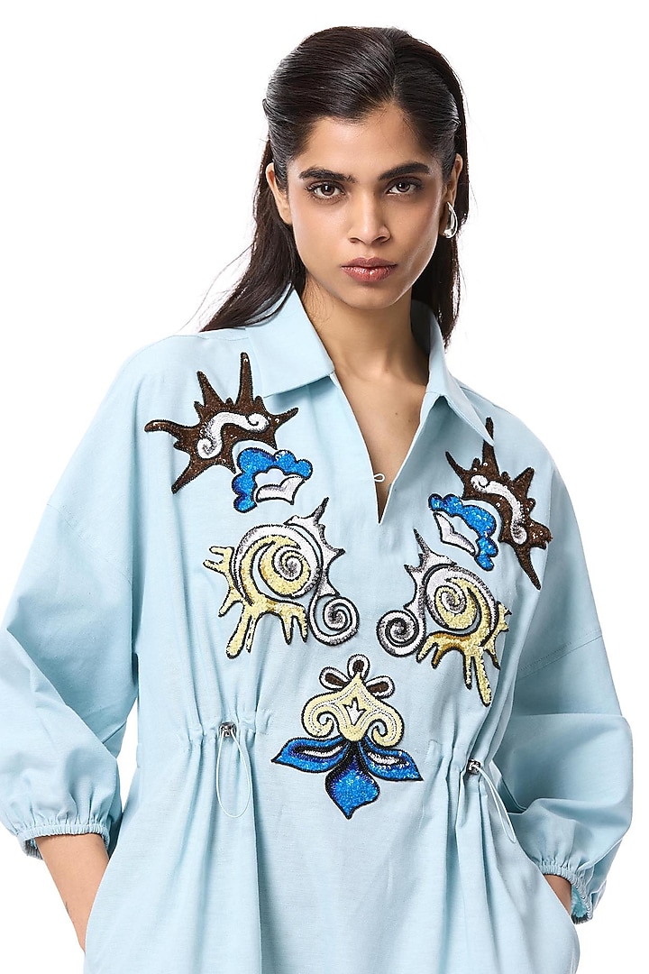 Powder Blue Linen Blend Hand Embellished Vacation Dress by Kanika Goyal at Pernia's Pop Up Shop