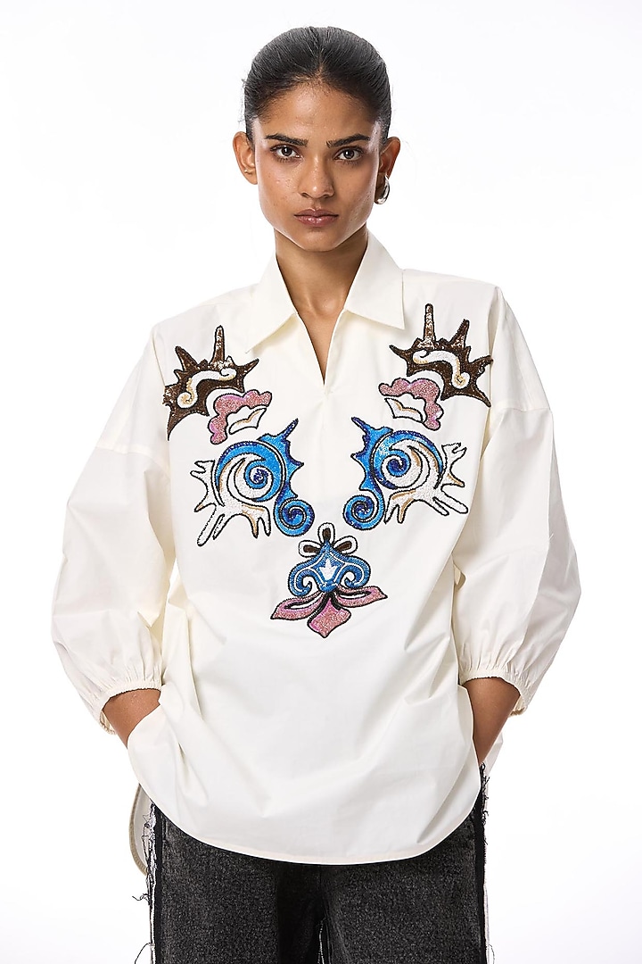 White Cotton Hand Embellished Shirt by Kanika Goyal at Pernia's Pop Up Shop