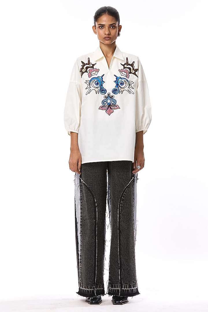 White Cotton Hand Embellished Shirt by Kanika Goyal at Pernia's Pop Up Shop