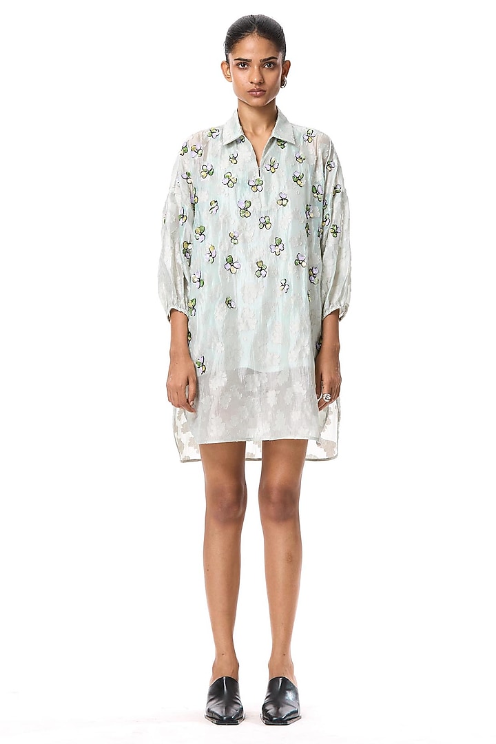Sage Green Polyester Hand Embellished Vacation Shirt Dress by Kanika Goyal at Pernia's Pop Up Shop