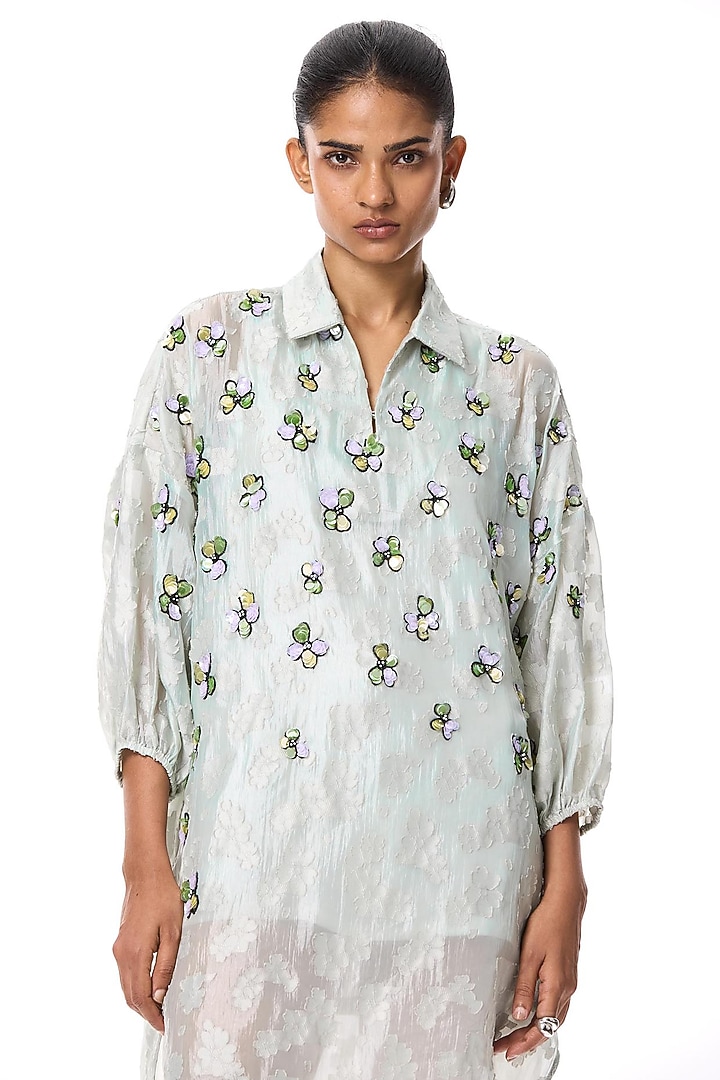 Sage Green Polyester Hand Embellished Vacation Shirt Dress by Kanika Goyal at Pernia's Pop Up Shop