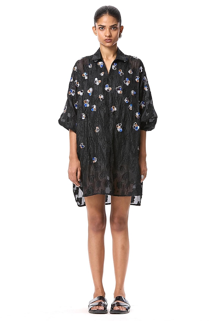 Black Polyester Hand Embellished Vacation Shirt Dress by Kanika Goyal at Pernia's Pop Up Shop