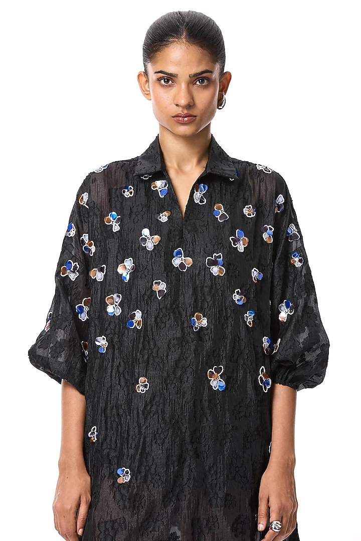 Black Polyester Hand Embellished Vacation Shirt Dress by Kanika Goyal at Pernia's Pop Up Shop