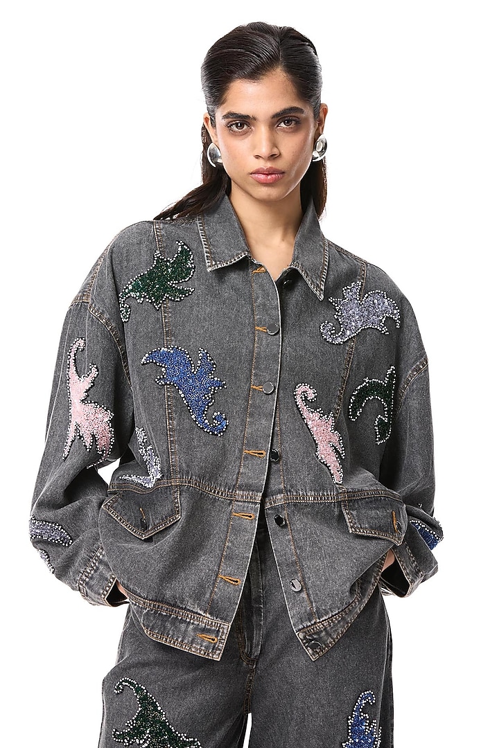 Black Cotton Embellished Denim Jacket by Kanika Goyal at Pernia's Pop Up Shop