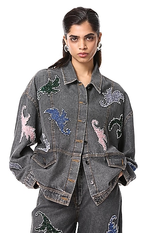 Black Cotton Embellished Denim Jacket by Kanika Goyal
