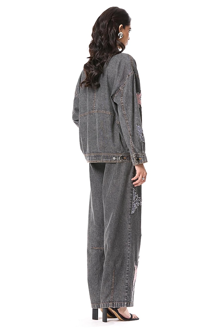 Black Cotton Embellished Denim Jacket by Kanika Goyal at Pernia's Pop Up Shop
