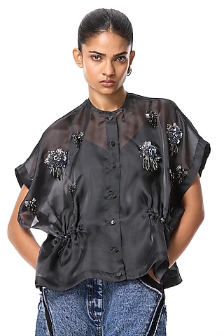 Black Polyester Hand Embellished Top by Kanika Goyal