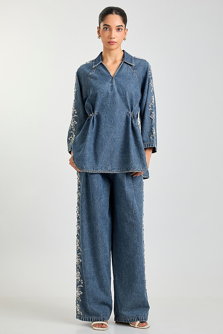 Dark Blue Denim Cotton Co-Ord Set by Kanika Goyal at Pernia's Pop Up Shop