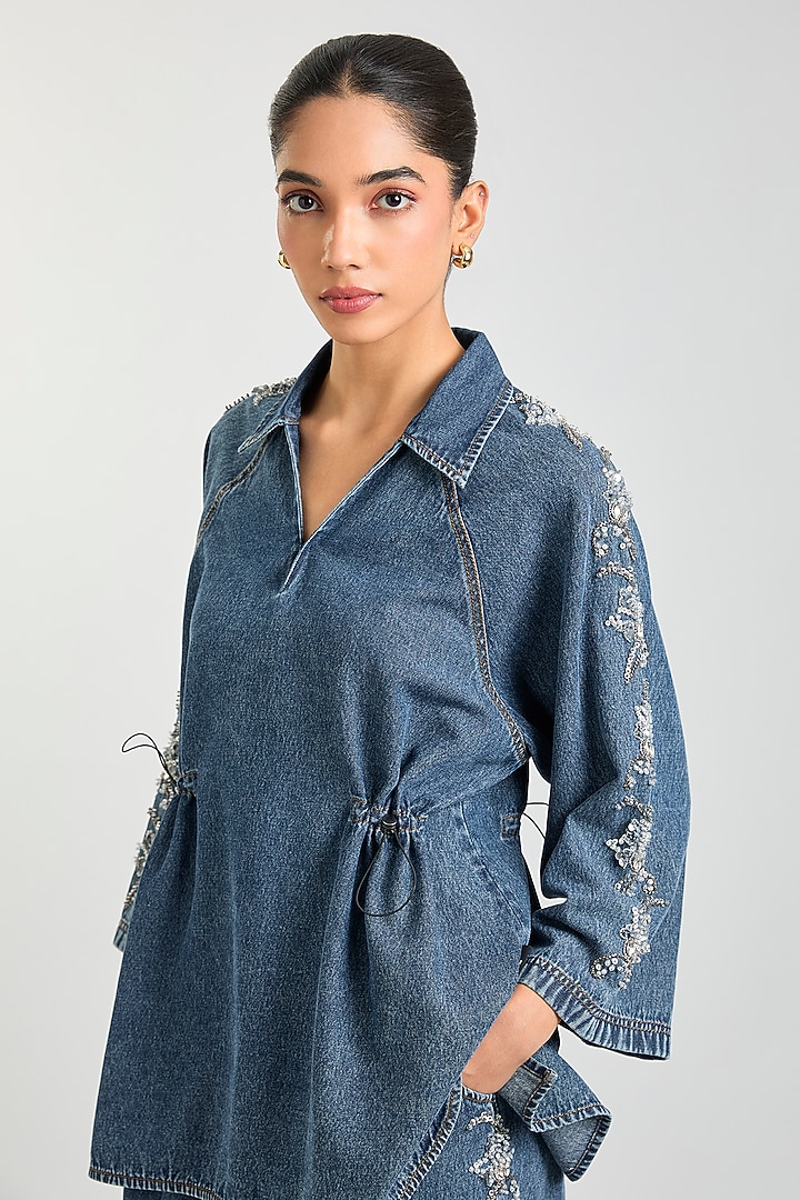Dark Blue Denim Cotton Co-Ord Set by Kanika Goyal at Pernia's Pop Up Shop