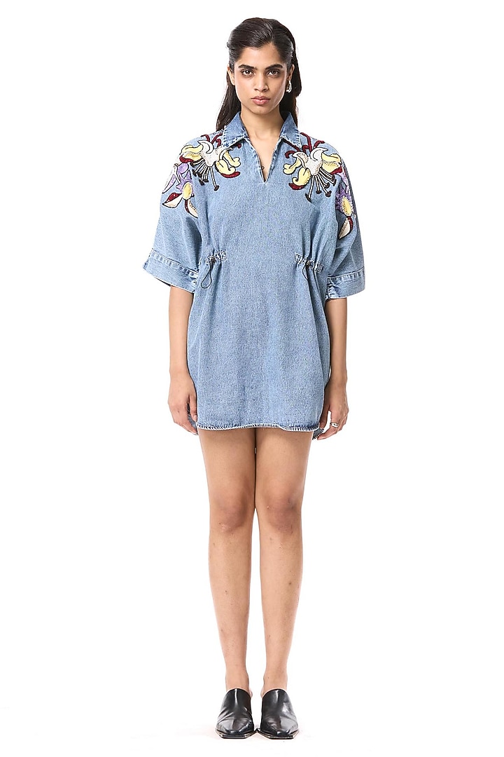 Denim Blue Cotton Embellished Mini Vacation Dress by Kanika Goyal at Pernia's Pop Up Shop