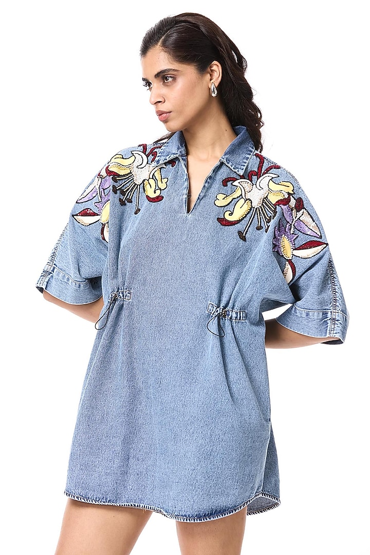 Denim Blue Cotton Embellished Mini Vacation Dress by Kanika Goyal at Pernia's Pop Up Shop