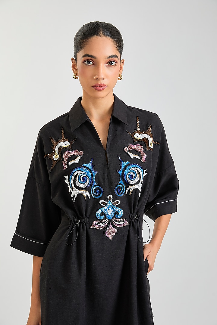 Black Linen Blend Cocktail Dress by Kanika Goyal at Pernia's Pop Up Shop