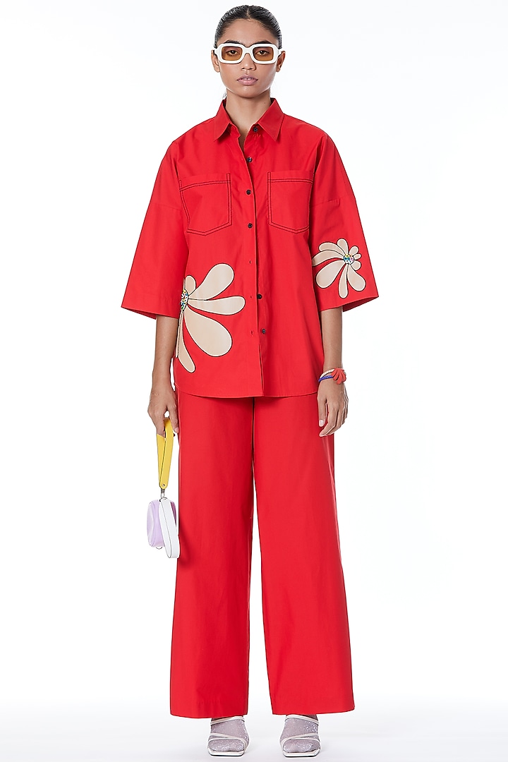 Red Cotton Applique Shirt by Kanika Goyal