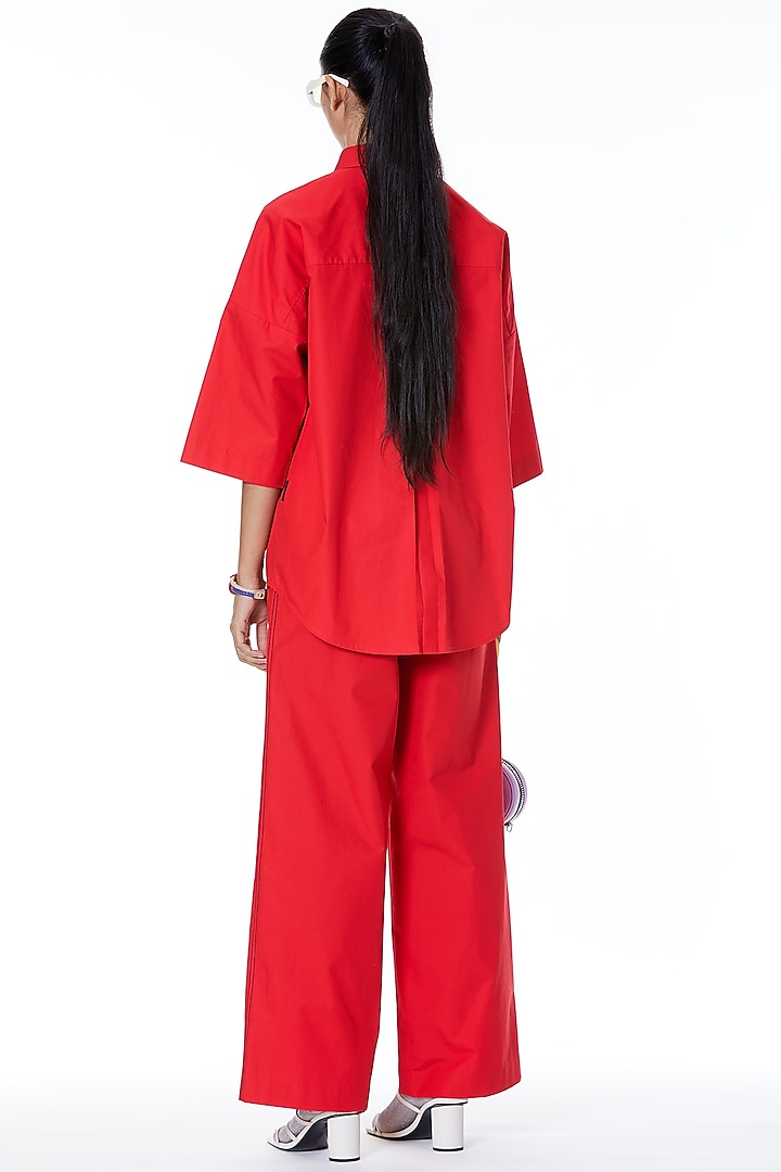 Red Cotton Applique Shirt by Kanika Goyal at Pernia's Pop Up Shop