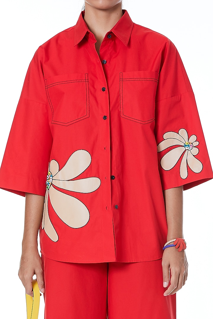 Red Cotton Applique Shirt by Kanika Goyal at Pernia's Pop Up Shop