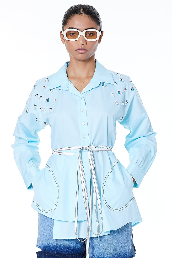 Sky Blue Crystal Embellished Shirt by Kanika Goyal
