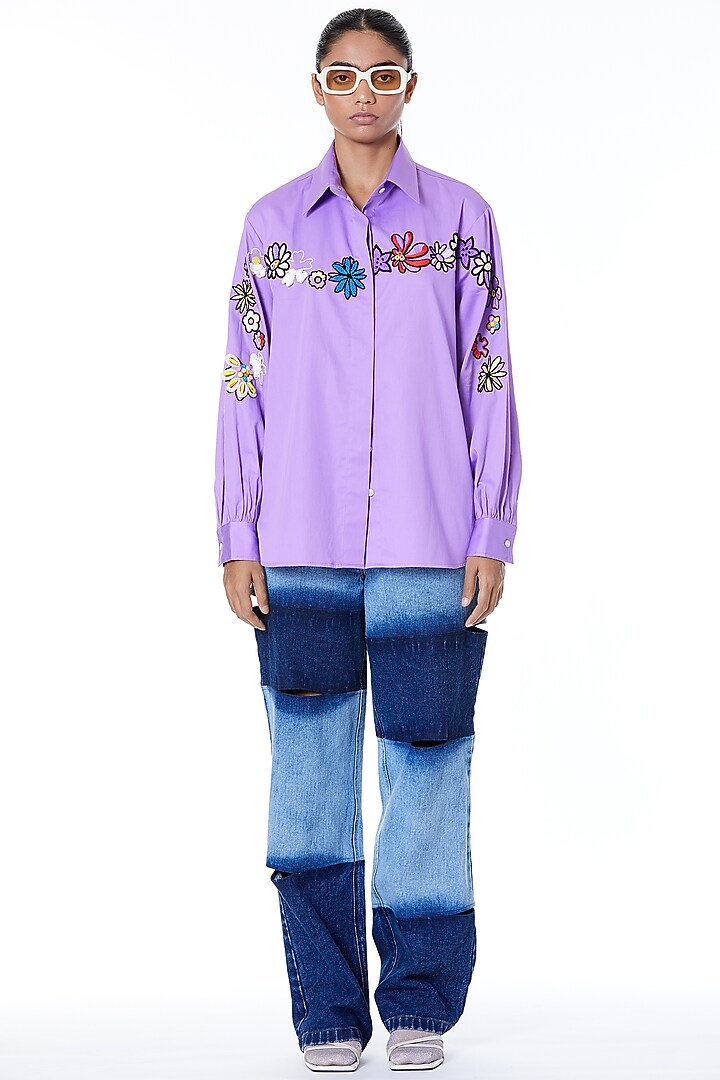 Lilac Posies Chine Embroidered Shirt by Kanika Goyal at Pernia's Pop Up Shop