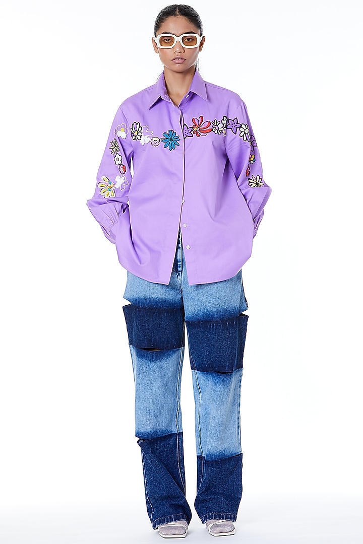 Lilac Posies Chine Embroidered Shirt by Kanika Goyal at Pernia's Pop Up Shop