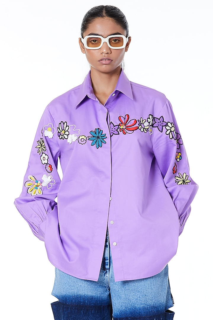 Lilac Posies Chine Embroidered Shirt by Kanika Goyal