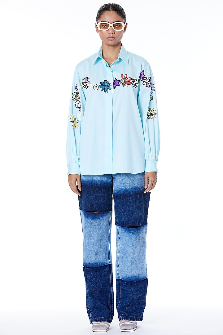Sky Blue Posies Chine Embroidered Shirt by Kanika Goyal at Pernia's Pop Up Shop