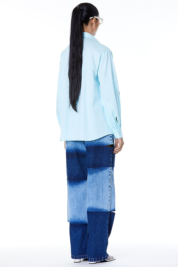 Sky Blue Posies Chine Embroidered Shirt by Kanika Goyal at Pernia's Pop Up Shop