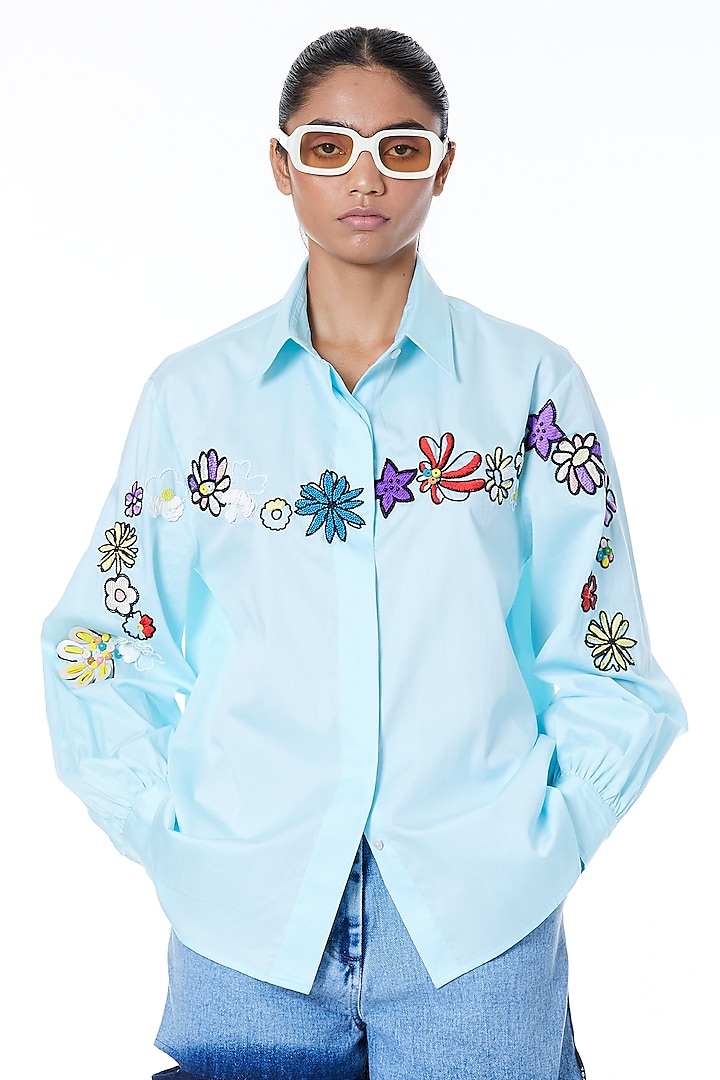 Sky Blue Posies Chine Embroidered Shirt by Kanika Goyal