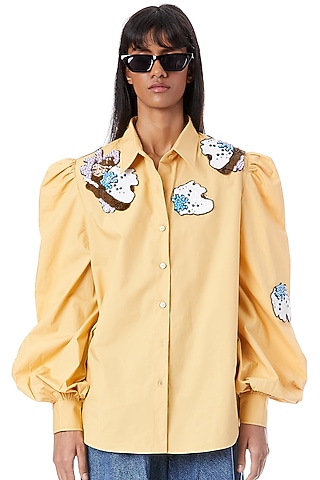 Yellow Cotton Hand Embellished Shirt by Kanika Goyal