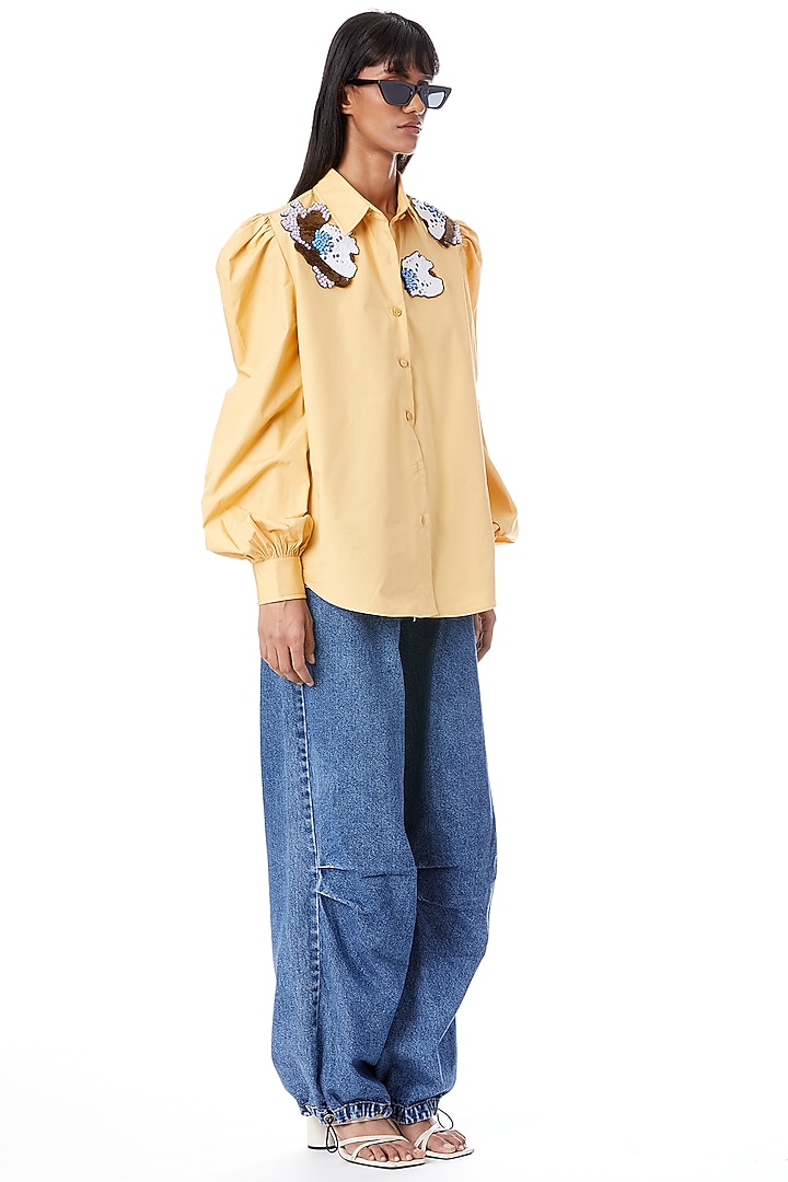 Yellow Cotton Hand Embellished Shirt by Kanika Goyal at Pernia's Pop Up Shop