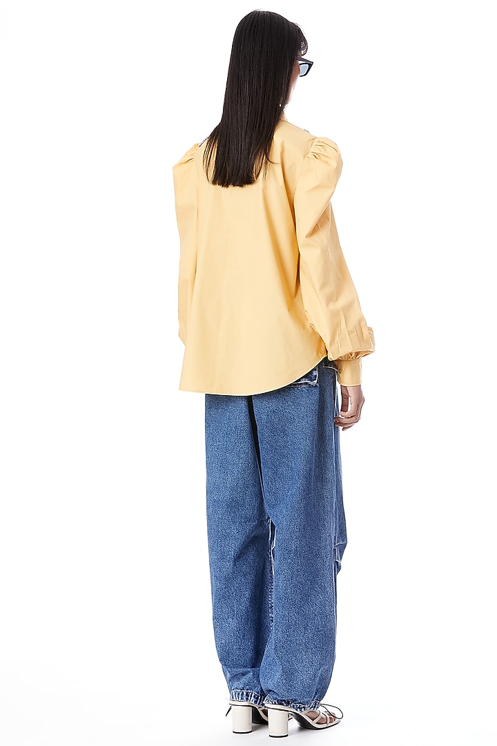 Yellow Cotton Hand Embellished Shirt by Kanika Goyal at Pernia's Pop Up Shop