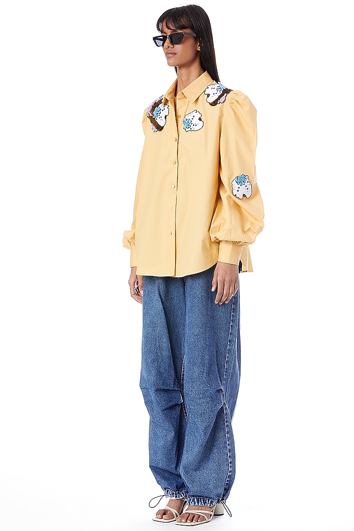 Yellow Cotton Hand Embellished Shirt by Kanika Goyal at Pernia's Pop Up Shop
