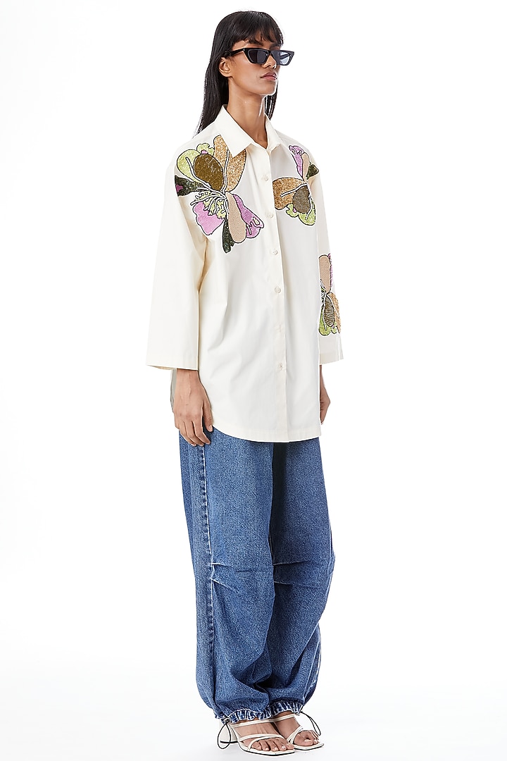White Cotton Hand Embellished Oversize Shirt by Kanika Goyal at Pernia's Pop Up Shop