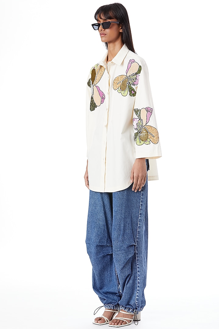 White Cotton Hand Embellished Oversize Shirt by Kanika Goyal at Pernia's Pop Up Shop