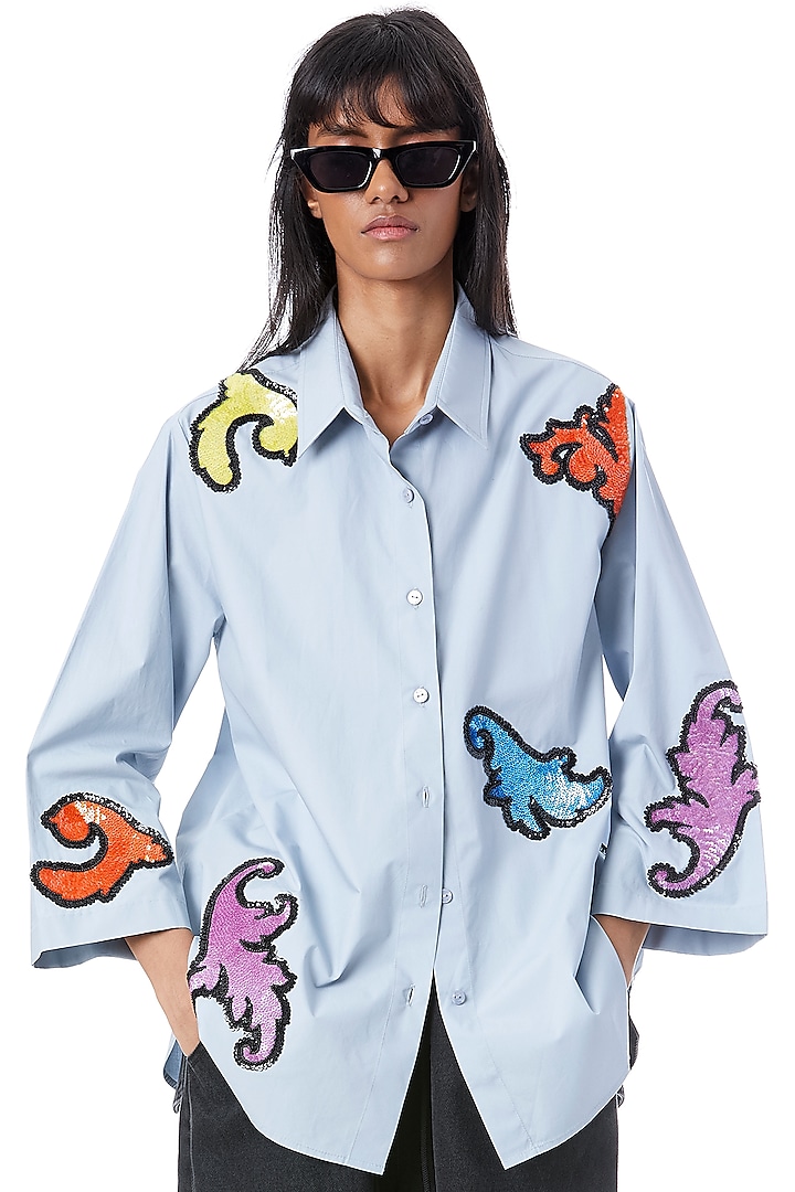 Powder Blue Cotton Hand Embellished Shirt by Kanika Goyal