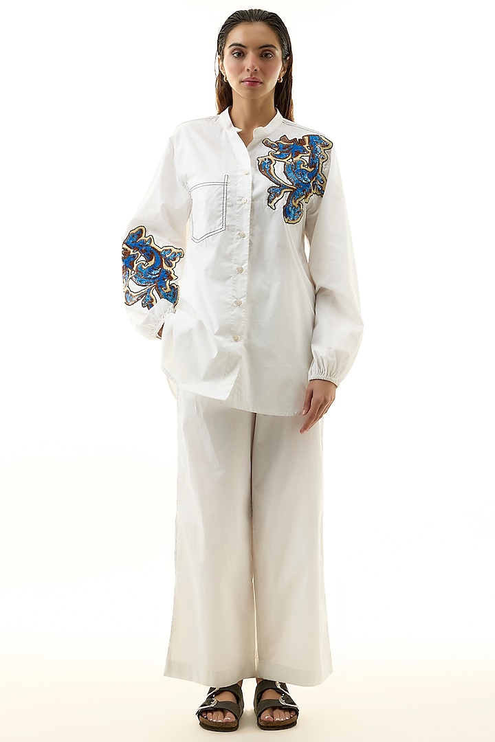 White Cotton Embellished Co-ord Set by Kanika Goyal at Pernia's Pop Up Shop