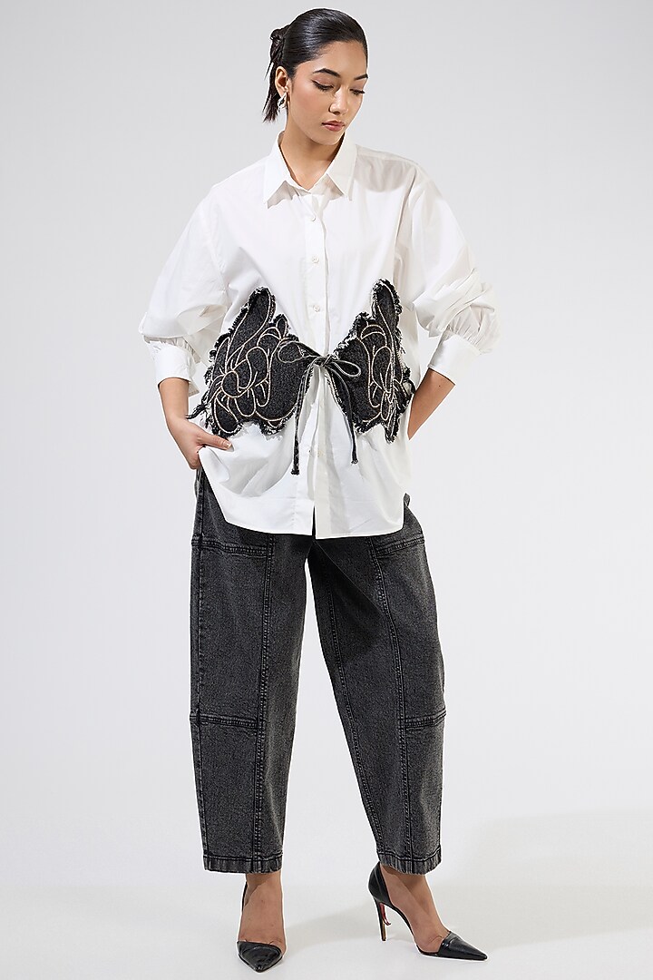 White Denim Applique Embellished Co-Ord Set by Kanika Goyal at Pernia's Pop Up Shop
