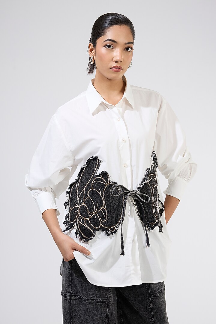 White Denim Applique Embellished Co-Ord Set by Kanika Goyal at Pernia's Pop Up Shop
