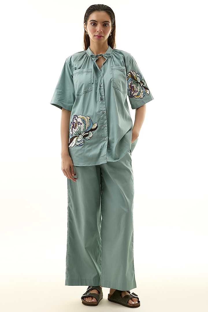 Blue Cotton Embellished Co-ord Set by Kanika Goyal at Pernia's Pop Up Shop