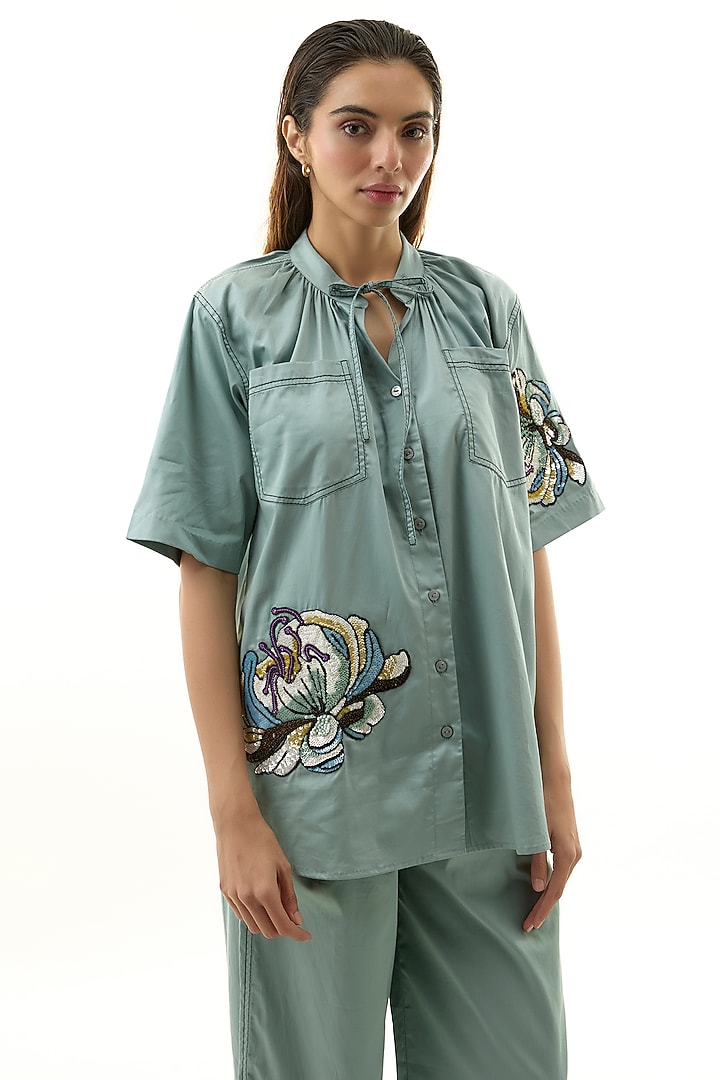 Blue Cotton Embellished Co-ord Set by Kanika Goyal at Pernia's Pop Up Shop