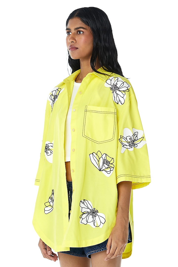 Yellow Cotton Faux Leather Applique Shirt by Kanika Goyal at Pernia's Pop Up Shop